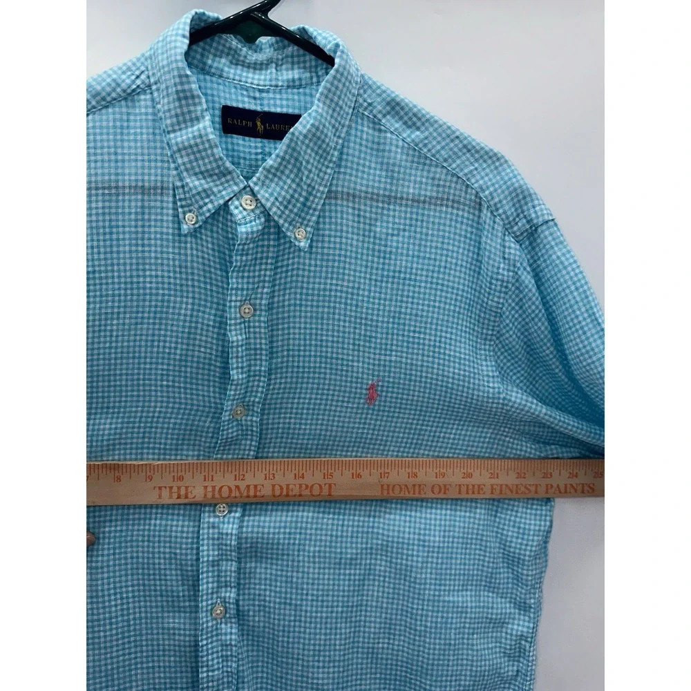 Polo Ralph Lauren Large Light Blue Gingham Check‎ Linen Button Down Short Sleeve